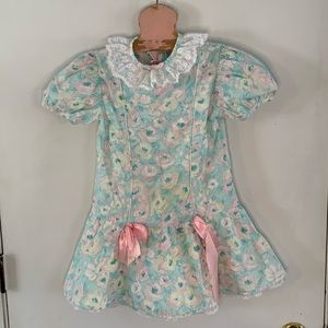 Vintage Roanna aqua drop waist dress with pink and ivory flowers Size 6X